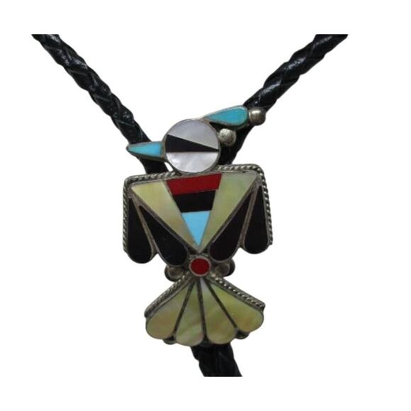 Vintage Zuni Peyote‎ Bird Bolo Tie Turquoise Coral Inlay Sterling Style - Picture 3 of 6